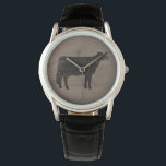Relógio Holstein Cow Silhouette<br><div class="desc">Este relógio original de pulso da silhueta de vaca Holstein está disponível em estilos variados para homens, mulheres e crianças. Um legal acessório de moda que faz um presente excelente para amantes de vacas. Estilo de madeira com agentes atmosféricos falsos. Visite o Doodle World de Jenn para mais relógios de...</div>