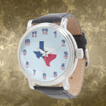 Relógio Homens do Texas Números Patrióticos de Cores Negra<br><div class="desc">Vigia o pulso de couro preto com o estado do Texas no meio,  com a palavra Texas no estado. Está rodeado de números vermelhos,  brancos e azuis! Todos os Texanos virão à minha loja e vão buscar-te um!</div>