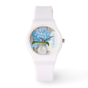 Relógio Hydrangea Monogrammed do azul do frasco de