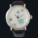 Relógio Iconic Atomic Starbursts Leather Watch<br><div class="desc">Este padrão Iconic Atomic Starbursts Leather Watch apresenta explosões atômicas icônicas. Isso mesmo! A antiga escola, um fundo colorido creme com manchas de ouro é o pano de fundo perfeito para a vibrante tartaruga, aipo de salga, e círculos verdes cor de pera de cozinha. As manchas de cor são colocadas...</div>