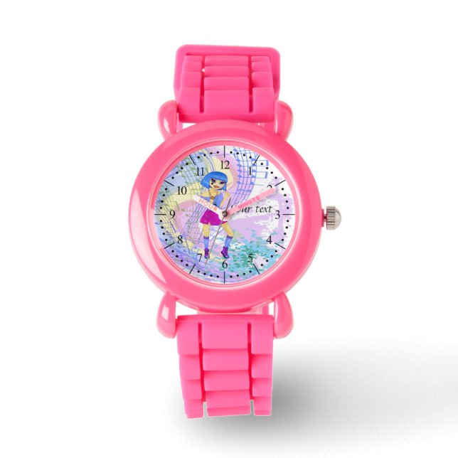 Relógio Ilustração de moda dançante com cabelo azul brilha (Frente)