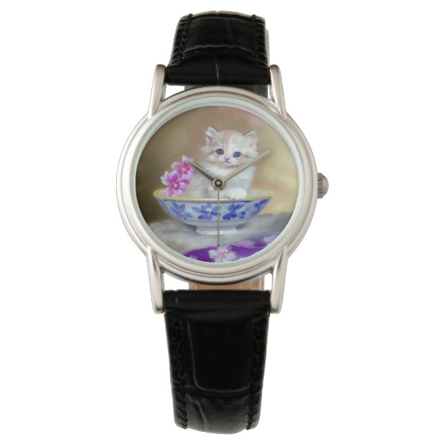 Relógio Ilustração Vintage White Kitten (Frente)