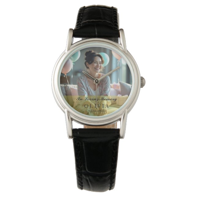 Relógio In Loving Memory Custom Photo ClassicBlack Leather (Frente)