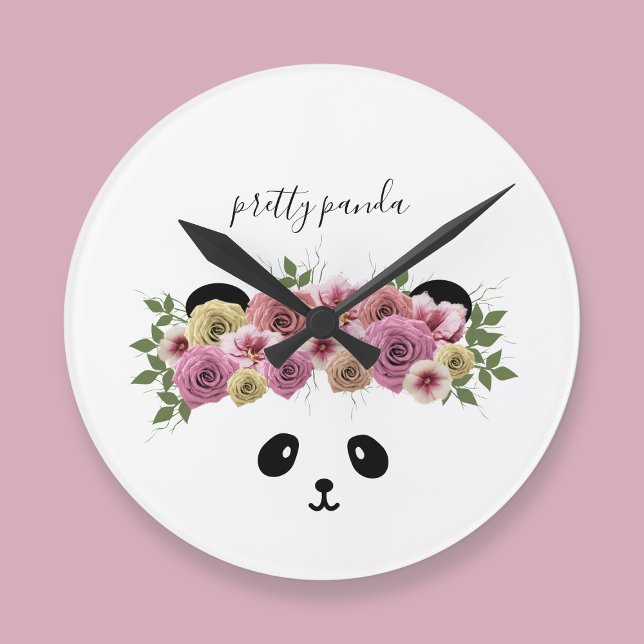 Relógio Infantil Urso Panda Floral Fofo (A pretty panda bear with flowers in her hair. Just add your name to this cute nursery clock)