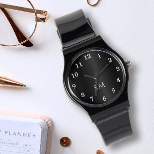 Relógio Iniciais de metal escovado preto e branco monogram