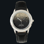 Relógio Iniciais Douradas de Monograma Girly Glitter Negra<br><div class="desc">Monitor de Nome do Monograma de Brilhante Preto e Dourado. Isto faz o doce e perfeito aniversário de 16 anos,  casamento,  chá de panela,  aniversário,  chá de fraldas ou festa de solteira presente para alguém que ama luxo de luxo e estilos quíticos.</div>