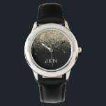 Relógio Iniciais Douradas de Monograma Girly Glitter Negra<br><div class="desc">Monitor de Nome do Monograma de Brilhante Preto e Dourado. Isto faz o doce e perfeito aniversário de 16 anos,  casamento,  chá de panela,  aniversário,  chá de fraldas ou festa de solteira presente para alguém que ama luxo de luxo e estilos quíticos.</div>