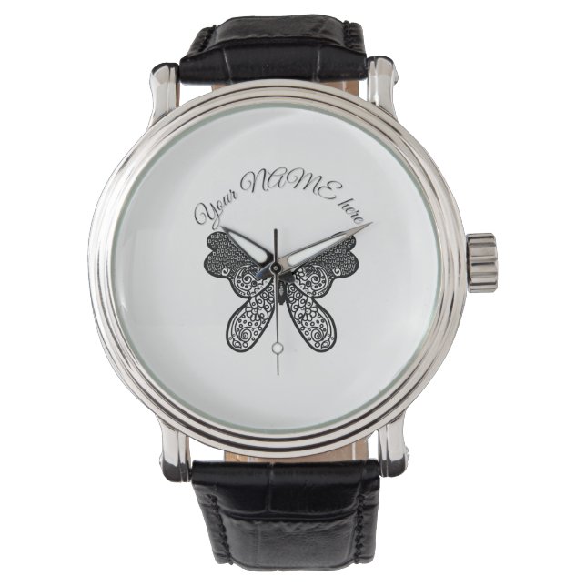 Relógio Intrincado Mandala Boho Borboleta Preto e Branco A (Frente)
