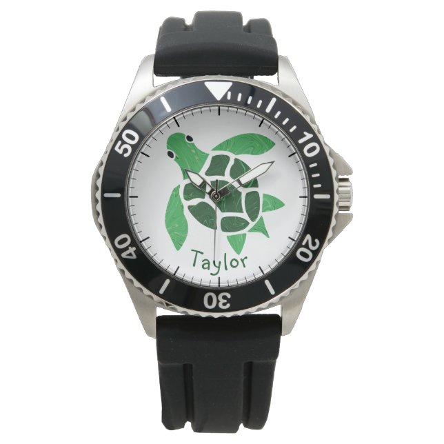 Relógio Jade Green Sea Turtle Mosaico com Nome (Frente)