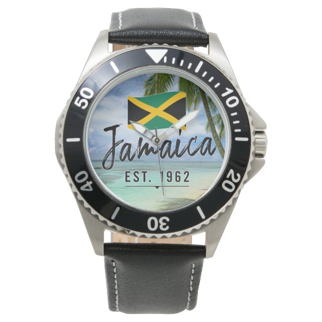 Relógio "Jamaica Est. 1962" Beach With Jamaica Flag Art (Frente)