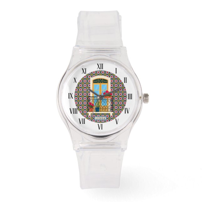 Relógio Janela da casa de Lisboa com plantas e azulejos (Frente)