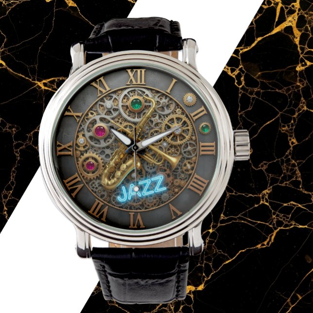Relógio Jazz Watch, Neon Light, Trompete, Saxofone (Jazz Watch with Sax, Trumpet, Neon)