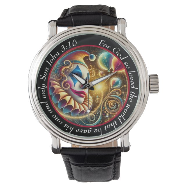 Relógio John 3:16 verse Clown Timepiece Joyful Faith (Frente)