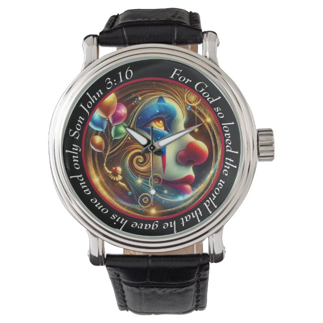 Relógio John 3:16 Vibrant Clown Timepiece Joyful Faith (Frente)