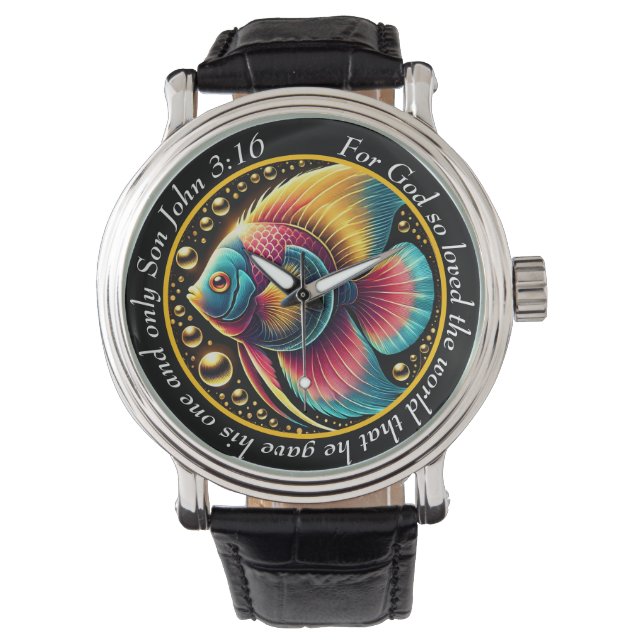 Relógio John 3:16 Vibrant Fish Timepiece Ocean Faith (Frente)