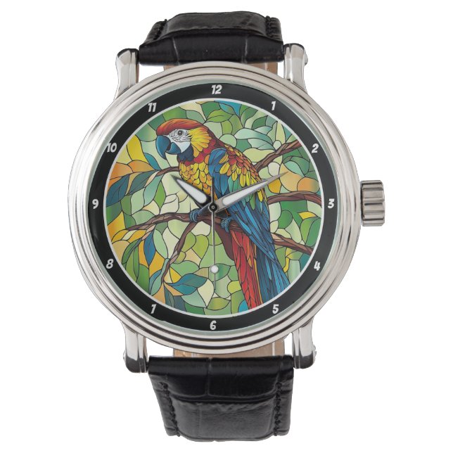 Relógio Jungle Symphony" - Stained Glass Macaw Wall (Frente)