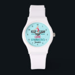 Relógio Keep Calm Love Gymnastics Cute Custom Gymnast<br><div class="desc">Funny Keep Calm and Love Gymnastics watch for a gymnastics coach to gift to her girls on her competitive team before a tumbling competition. A cute gymnast wristwatch present.</div>