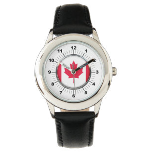 Relógio Kid Canada Flag Black Leather Strap Watch