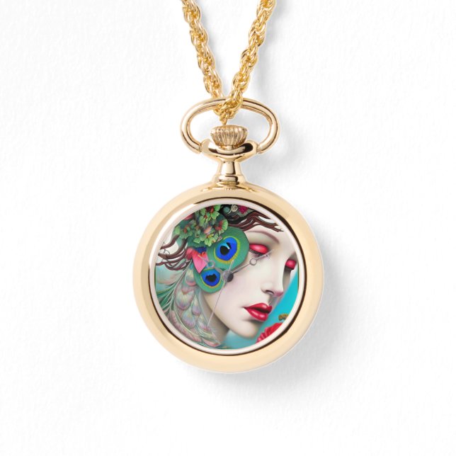 Relógio Lábios vermelhos e Rosa de Peacock (Frente)