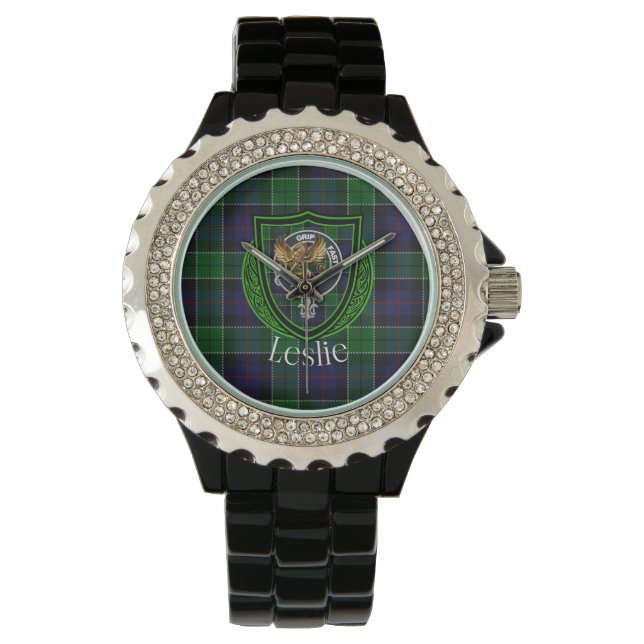 Relógio Leslie Scottish Clan Tartan & Crest (Frente)