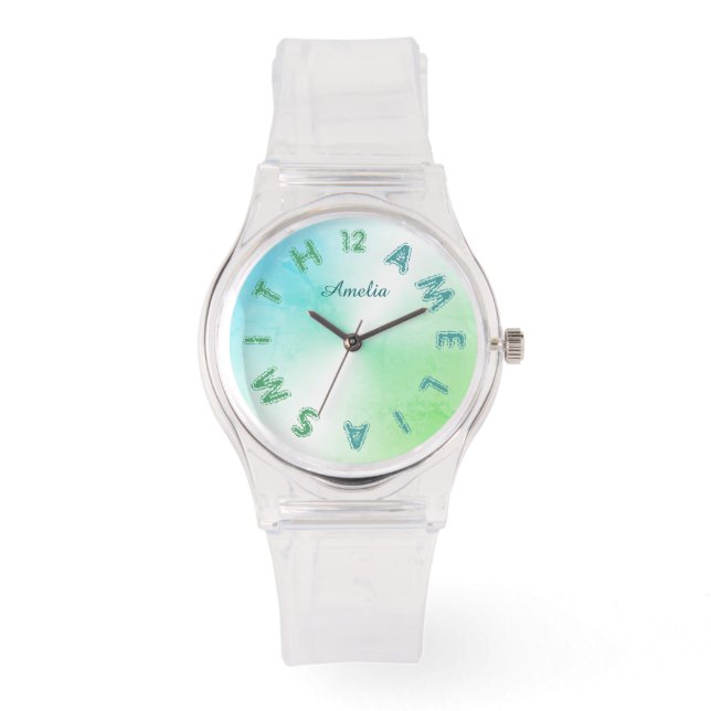 Relógio Letra personalizada Dial Teal Greenery White (Frente)