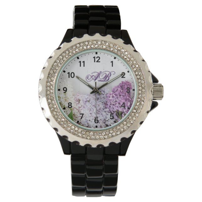 Relógio Lilac Monogram Watch | Floral Rhinestone Timepiece (Frente)