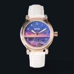 Relógio Lindo Fotografia Costeira Sunset<br><div class="desc">Um relógio com uma bela fotografia com cores marcantes de roxo,  azul e rosa no pôr do sol. Uma bonito linha costeira espalhada por rochas.</div>