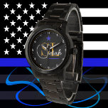Relógio Linha Azul Fino - Nome e assinatura monogramados<br><div class="desc">Relógio: Imposição da linha azul fina nos EUA / policia o relógio pessoal com o moderno nome "Monograma". Personalize você mesmo,  seu colega,  amigos e família. Perfeito para ascensão/promoção,  prêmio de serviço longo,  aposentadoria.</div>