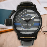 Relógio Linha Azul Fino - Presente de Reforma Obrigado Pol<br><div class="desc">Celebre e mostre seu apreço a um excelente policial com esta linha azul fina Obrigado, Polícia Watch - design de bandeira americana em cores da polícia, design angustiado. Perfeito para prêmios de serviço e presentes de reforma da polícia. Personalizar com nome, anos de serviço e anos de serviço. COPYRIGHT ©...</div>