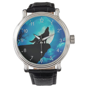 Relógio Lobo em silhueta uivando até a lua de cheio