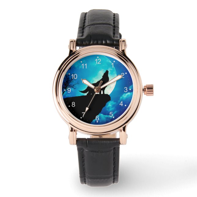 Relógio Lobo em silhueta uivando até a lua de cheio (Frente)