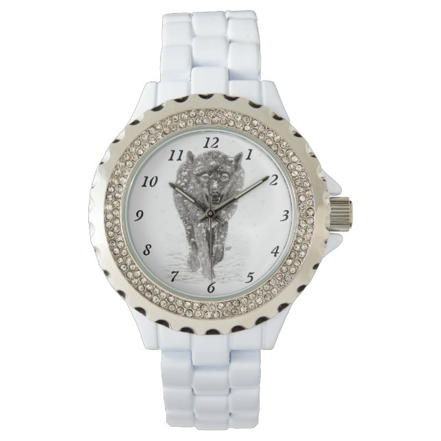 Relógio Lobo Negro Zangado na Neve, inverno selvagem (Frente)
