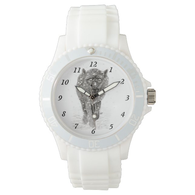 Relógio Lobo Negro Zangado na Neve, inverno selvagem (Frente)