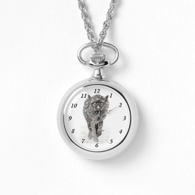 Relógio Lobo Negro Zangado na Neve, inverno selvagem (Frente)