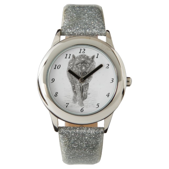 Relógio Lobo Negro Zangado na Neve, inverno selvagem (Frente)