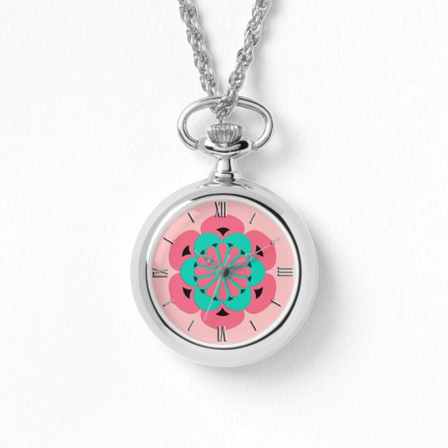 Relógio Lotus Flower Mandala, Coral Rosa e Turquesa (Frente)