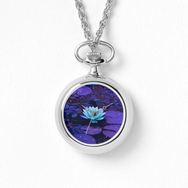 Relógio Lotus Flower Purple Blue Turquoise Floral Pond Zen (Frente)