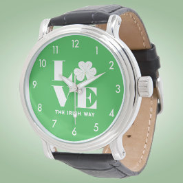 Relógio Love Shamrock Clover Irish Green White Text