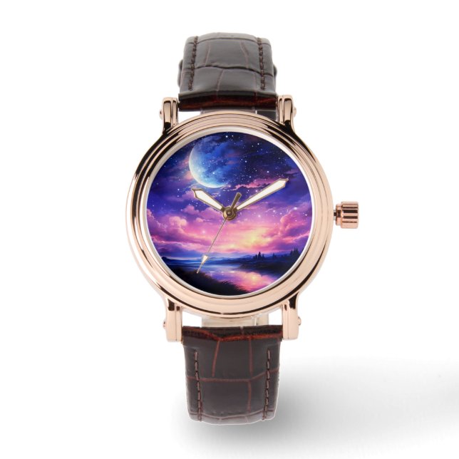 Relógio Lua cheia celestial nuvens Roxo Místico (Frente)