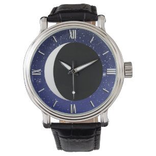 Relógio Lua Crescente sobre um fundo estrelado