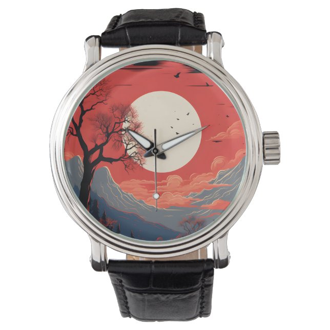 Relógio Lua Étera Num Céu Vermelho Sobre As Montanhas (Frente)