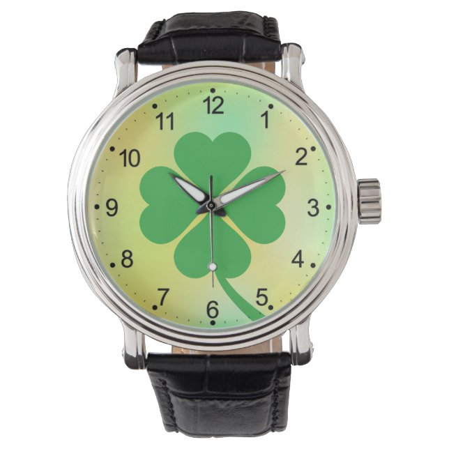 Relógio Lucky Four Shamrock Folha Design-87906 (Frente)