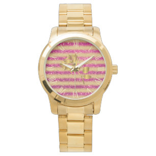 Relógio Luxo Dourado Lípter Rosa Floral com Glitter Watch