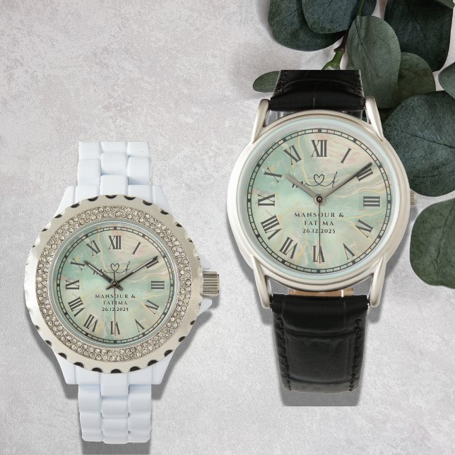 Relógio Luxury Aqua Marbled Men's Black Leather Strap (Criador carregado)