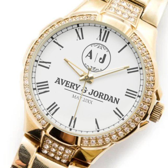 Relógio Luxury Custom Couples  Monogram Wedding Anniversar (Criador carregado)