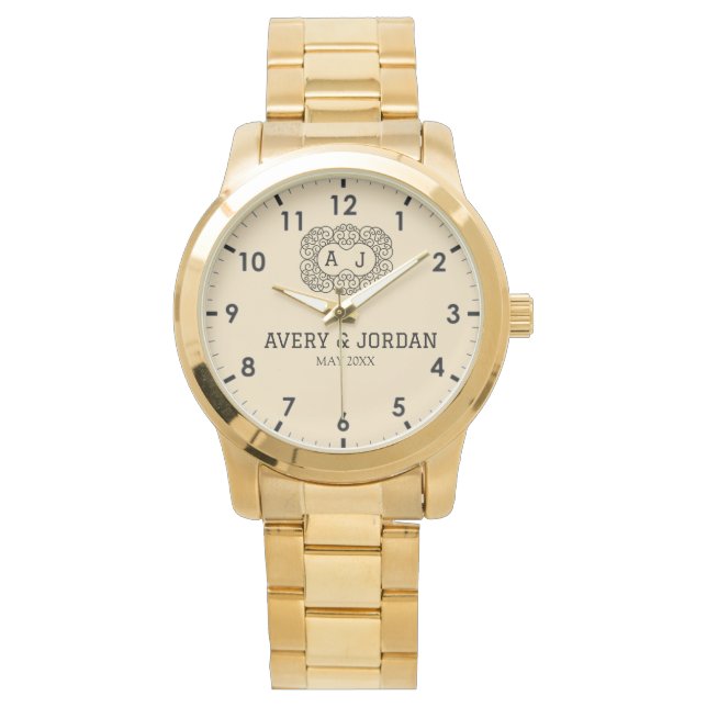 Relógio Luxury monogram cream couple names initials (Frente)