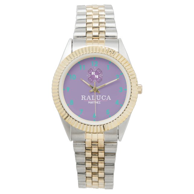 Relógio Luxury Purple Gold Personalized Custom Monogram (Frente)