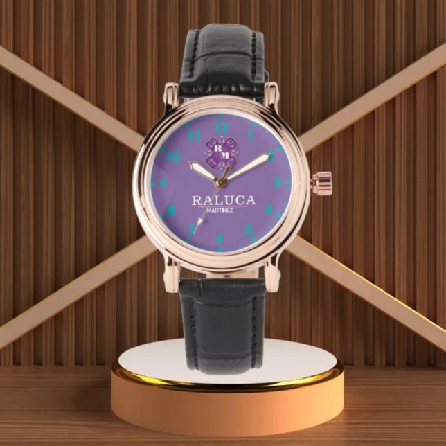 Relógio Luxury Purple Gold Personalized Custom Monogram (Criador carregado)