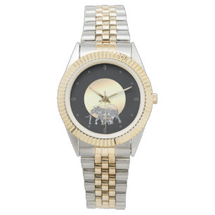 Relógio Mãe e bebê elefante no sol de pôr