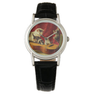 Relógio Mãe Gato e Gatinhos Brincando com Violão